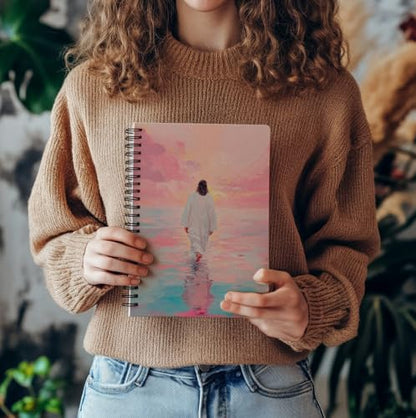 bitCNY Jesus Walking on Water Notebook Set, Christian Spiral Journals 859 - color: Pink Sunset and Neutral Gold