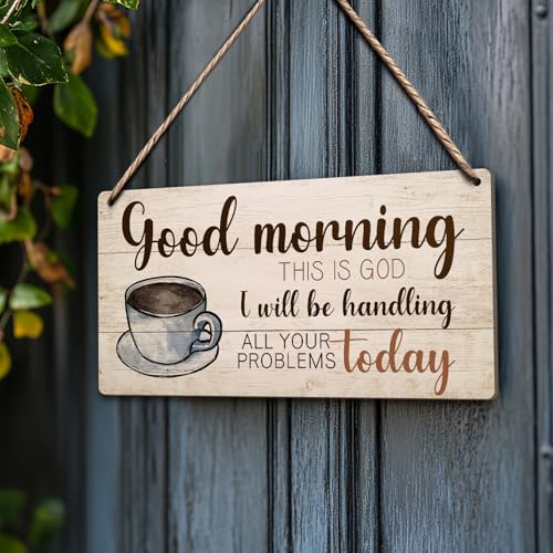 Hanging Wood Plaque with Rope, Inspirational Printed Wood Plaque Coffee Sign Hanging for Kitchen Cafe Door Office, Wall Art Home Decoration -Good Morning This is God -05 - style: Good Morning This is God