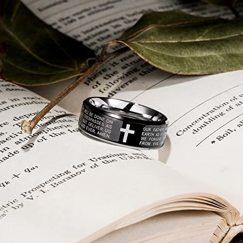 King Will Stainless Steel Men Ring Lord's Prayer Cross Ring Stainless Steel Men Wedding Ring, Wedding Band Bible Engraved Rings High Polished, Comfort Fit - color: black polish