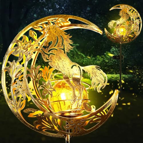 Solar Lights Outdoor Decor Horse Cracked Glass Stake Moon Lights Horse Gift - color: Horse & Moon