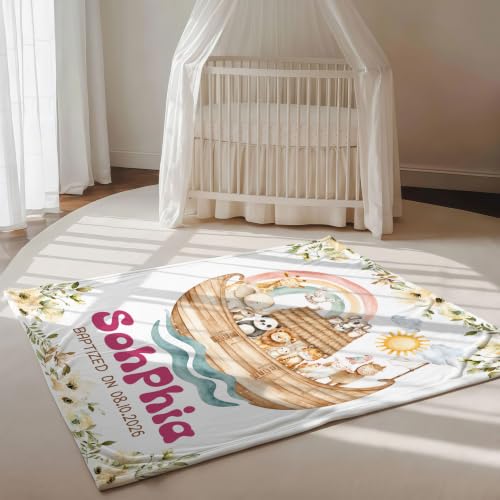 Personalized Baptism Noah's Ark Toddler Blanket, Christian Rainbow Animal Bible Story Throw, Custom Name and Date Faith Keepsake for Boy Girl, Religious Gift from Parents Grandparents - color: Baptsim Toddler Blanket#8