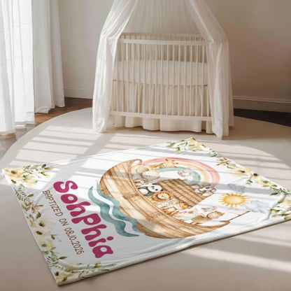 Personalized Baptism Noah's Ark Toddler Blanket, Christian Rainbow Animal Bible Story Throw, Custom Name and Date Faith Keepsake for Boy Girl, Religious Gift from Parents Grandparents - color: Baptsim Toddler Blanket#8