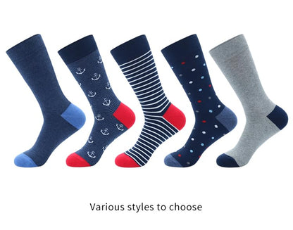 Men's Colorful Striped Dress Socks, 5-Pack Cotton, Sock Size 10-13 - color: Navy Blue Solid & Pattern Mix