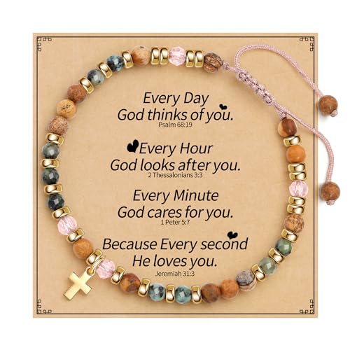 Cross Bracelets for Women Girls, Christian Gifts for Women Natural Stone Beaded Bracelets First Communion Confirmation Baptism Gifts Catholic Easter Christmas Inspirational Gift Jewelry - color: African Turquoise - Every Day