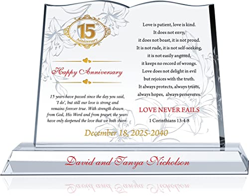 Personalized Bible Shaped Crystal Gift for 15th Anniversary for Him or for Her, Customized with 1 Corinthians and Couple Names, Unique Religious Crystal Gift for Wedding Anniversary (L - 12") - size: L - 12"