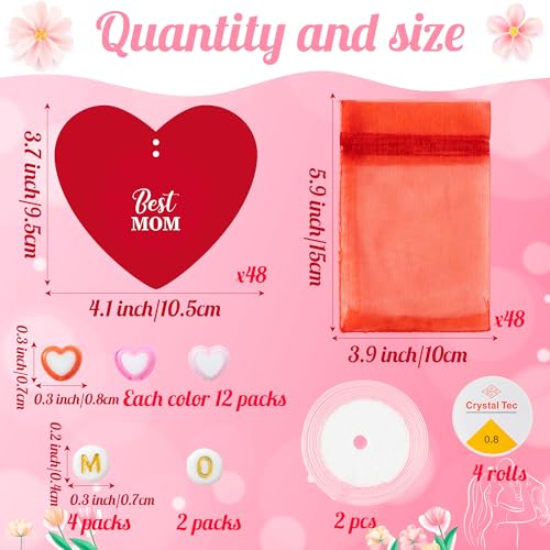 BeYumi Mom Bracelet Craft Kit - 24 Pack Mother's Day Mom Letter Heart Beads Bracelets with Heart Gift Cards and Bags DIY Thankful Craft Kit to Mothers School Classroom Party Fun Activities Ages 6-12 - style: MOM