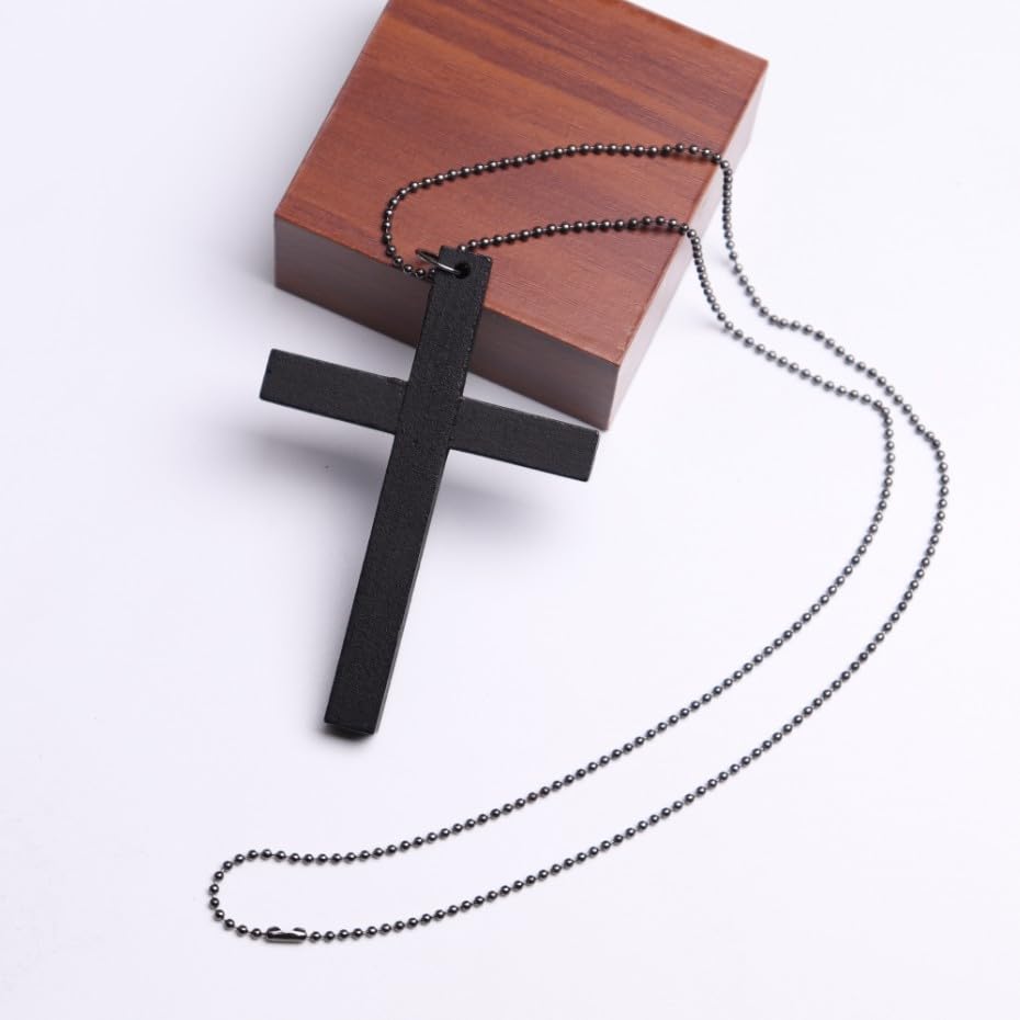 FORUBUS Wooden Cross Pendant Necklace - Wood Beads Cross Religion Necklace for Women Men Believer Prayer Baptism Jewelry - color: E black