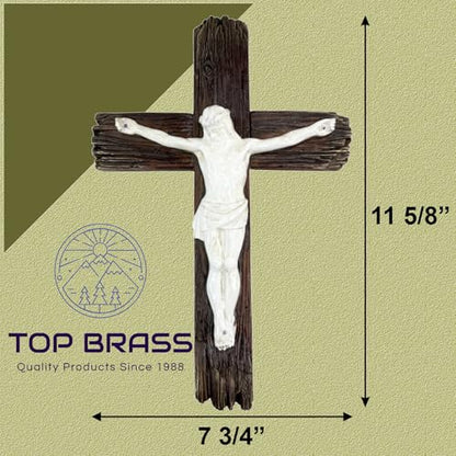 Top Brass Jesus Crucifix Cross, Rustic Catholic Christian Wall Decor, 12"