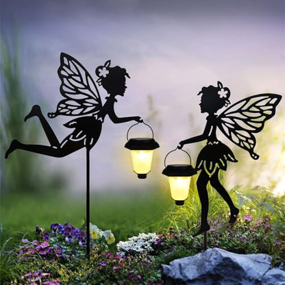 SUNNYPARK 2 Pack Solar Fairy Garden Metal Stake Decorative Lantern - size: Fairy1