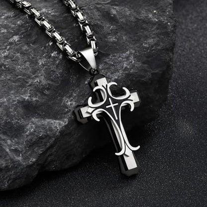 MEALGUET Stainless Steel Crucifix Cross Pendant Necklace,Men's Cross Necklace with Chunky Byzantine Chain/Rolo Chain, Gift for Men - style: Black-byzantine chain