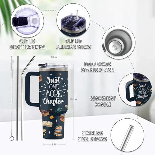 Book Lover 40oz Tumbler, with Handle & Straw, Stainless Steel Cup - color: Chapter