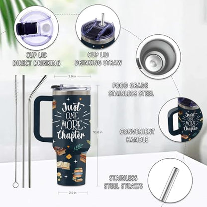 Book Lover 40oz Tumbler, with Handle & Straw, Stainless Steel Cup - color: Chapter