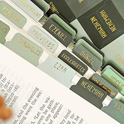 Laminated Bible Tabs for Women and Men, Gold Foil Embossed Lettering - style: Olive Green