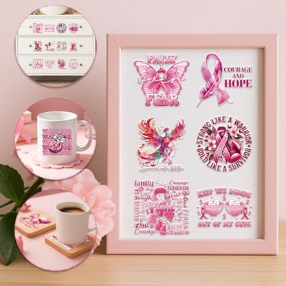 Rngmsi UV DTF Cup Wrap - 30 Sheets Breast Cancer Awareness UV DTF Wraps for 16 oz Glass, Pink Ribbon Hope UVDTF Stickers, Rub on Transfer Decals for Drinking Cups Water Bottles - style: Breast Cancer Awareness