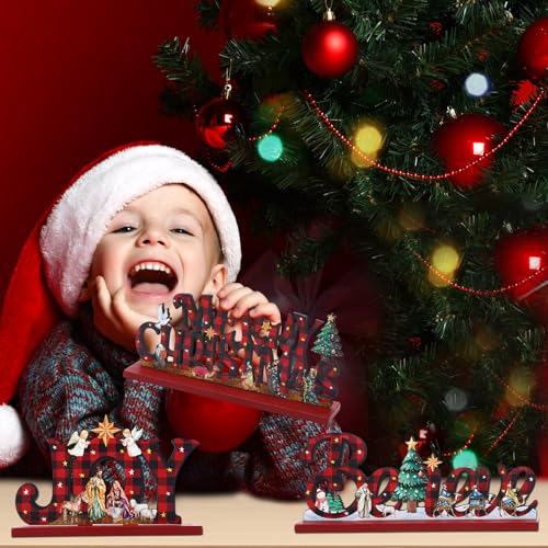Cinnvoice 3 Pcs Christmas Table Decor Wooden Nativity Scene Sign, Checkered - color: Checkered