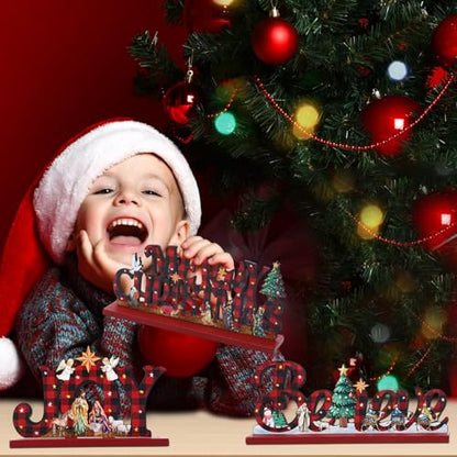 Cinnvoice 3 Pcs Christmas Table Decor Wooden Nativity Scene Sign, Checkered - color: Checkered