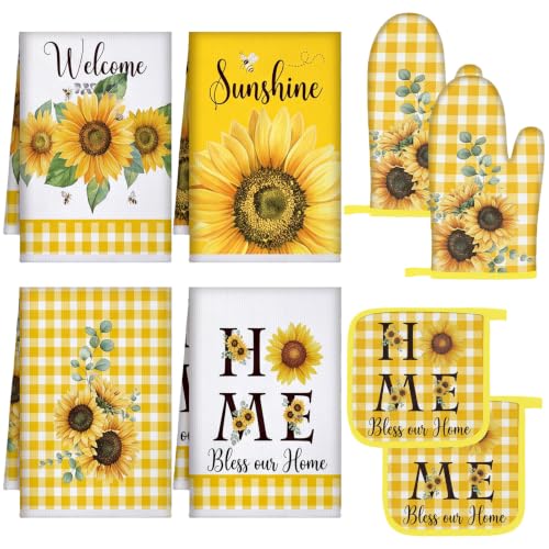 Leinuosen 8 Pcs Yellow Sunflower Kitchen Towels Dishcloths Accessories Set - color: Yellow and White, style: Sunflower