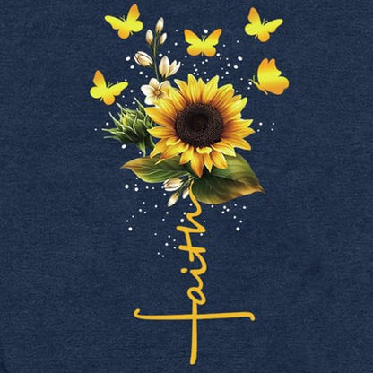 Womens Christian Shirts Faith Cross Sunflower Butterfly T-Shirt Bible Verse Religious Tee Tops - color: Blue, size: XX-Large