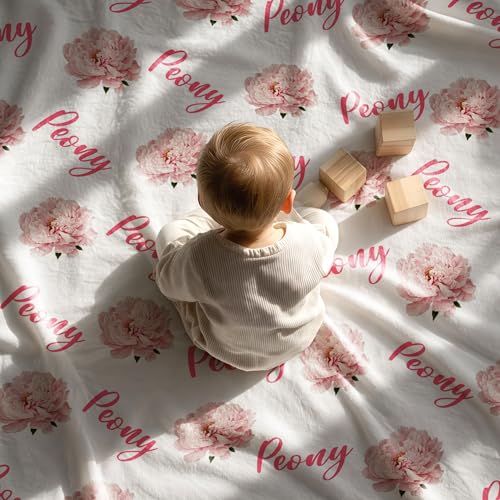 Personalized Floral Name Blanket, Custom Floral Name Design Peony, Soft Nursery Throw, Newborn Birthday Baptism Christening Keepsake - color: #Ver7