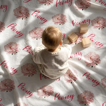 Personalized Floral Name Blanket, Custom Floral Name Design Peony, Soft Nursery Throw, Newborn Birthday Baptism Christening Keepsake - color: #Ver7