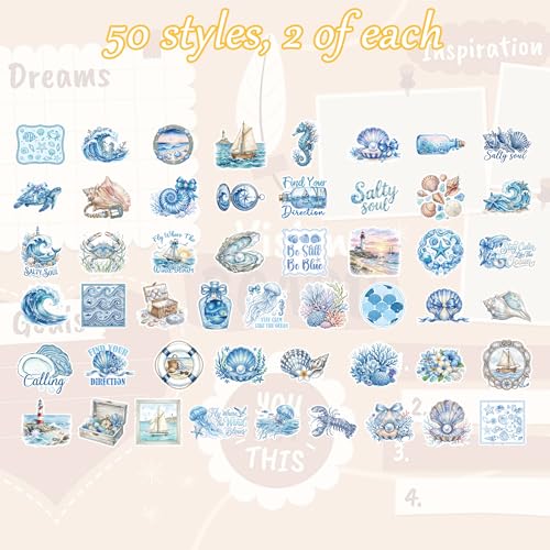 100 Pcs Blue Ocean & Sea Life Aesthetic Stickers - color: Blue Ocean Starry