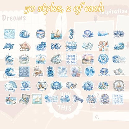 100 Pcs Blue Ocean & Sea Life Aesthetic Stickers - color: Blue Ocean Starry