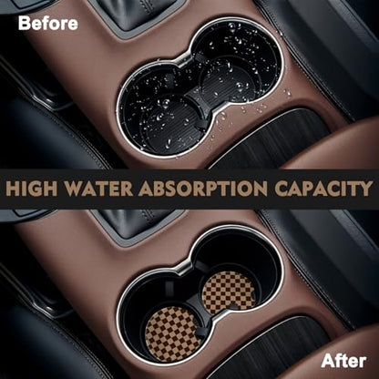 2 Pack Car Coasters for Cup Holders, Cute Car Accessories Interior (Grid-Brown) - color: Grid-brown
