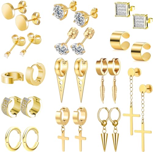 14 Pairs Earrings for Men and Women - Black Stud, Hoop, Cross, and Dangling Earrings Set - Stainless Steel Ear Cuffs Piercing Jewelry - color: Gold