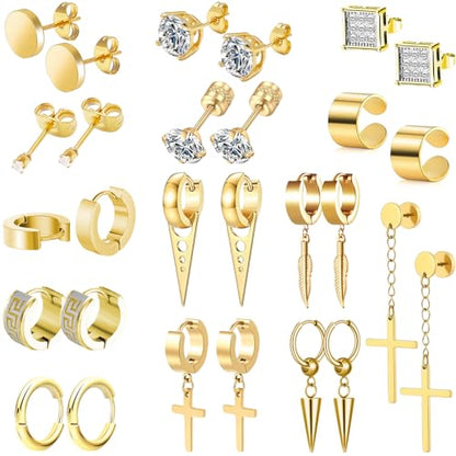 14 Pairs Earrings for Men and Women - Black Stud, Hoop, Cross, and Dangling Earrings Set - Stainless Steel Ear Cuffs Piercing Jewelry - color: Gold