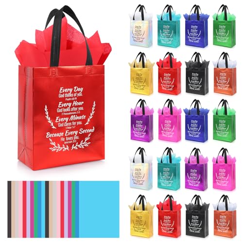 LUAVIARU 40 Pcs Bible Verse Christian Gift Bags Set – 20 Colorful Reusable Gift Bag with Handles & 20 Tissue Paper, Religious Gift Bag for Church Events, Baptism, Easter, Communion, Congratulations - color: A-Multicolor, size: 20