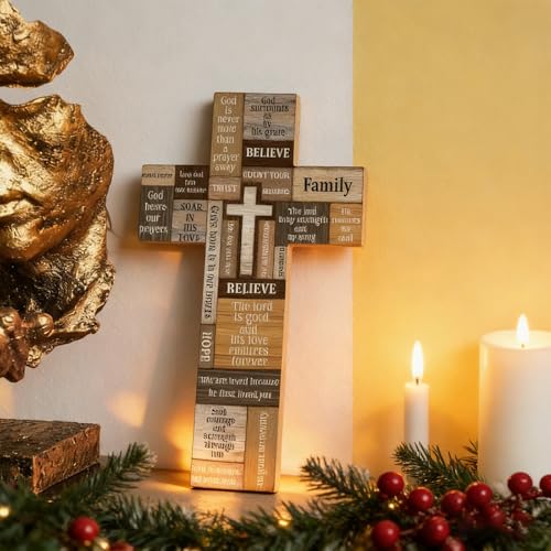 VGE Wooden Cross Wall Decor, 11.8x7.8 Inch Farmhouse Christian Cross for Home Church Office, Rustic Faith Hope Love Wall Art, Easy Self-Adhesive Mount Religious Baptism Confirmation Housewarming Gift