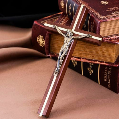 SISSIDA Wooden Crucifix Wall Cross, Handmade Catholic Home Decor, 10 Inch - color: Brown + Antique Brass