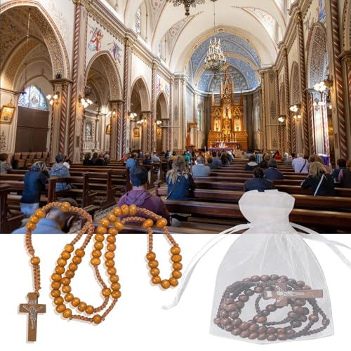 120 Set Wooden Rosary Beads Bulk Wood Catholic Rosaries Jesus Holy Cross First Communion Wood Carved Rosary with Organza Bags Religious Rosaries Catholic Baptism Church Present for Men Women Supplies