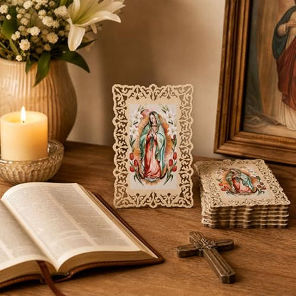 12 Pcs Our Lady of Guadalupe Wooden Picture Frames with Organza Gift Bags, Holy Prayer Cards First Communion Christening Memorial Engrave Baptism Favors for Guests, Catholic Gifts