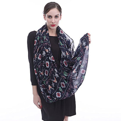 Lina & Lily Holiday Christmas Pattern Print Women's Infinity Scarf Lightweight - color: Navy Blue, Xmas Reindeer