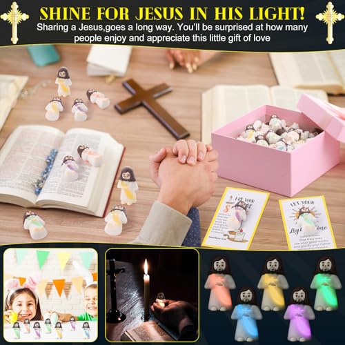 CroBlissful 30 Sets Mini Jesus Figurines Bulk Christian Glow in The Dark with Let Your Light Shine Cards for Christian Sunday School Religious Party Favor Halloween(Holding A Cross) - style: Holding A Cross Style