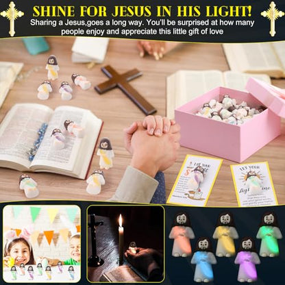 CroBlissful 30 Sets Mini Jesus Figurines Bulk Christian Glow in The Dark with Let Your Light Shine Cards for Christian Sunday School Religious Party Favor Halloween(Holding A Cross) - style: Holding A Cross Style