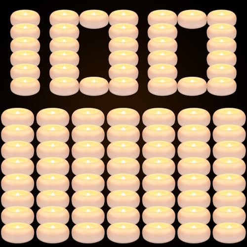 100 Pack 2 Inch Flameless LED Floating Candles, Battery Operated White Tealights with Realistic Flickering Flame, Waterproof for Cylinder Vases, Wedding Centerpieces, Pool, Party & Holiday Decor - color: 100-White