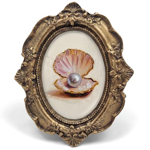 Vintage Seashell Pearl Small Bronze Oval Picture Frame,Pink Shell Summer Mini Ornate Photo Frame Baroque for Wall Art Decor TableTop, Preppy Framed Artwork Gifts for Dorm Bedroom Girls 4x5in - color: pearl