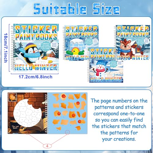 4Pcs Winter Paint by Sticker Books Hello Winter Sticker by Number Books Activity Book Puzzle Book Craft Art Toddler Gift with Igloo Snowman Penguin Squirrel 32 Pictures - style: Hello Winter