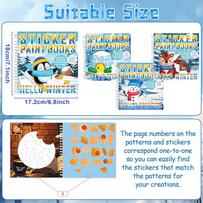 4Pcs Winter Paint by Sticker Books Hello Winter Sticker by Number Books Activity Book Puzzle Book Craft Art Toddler Gift with Igloo Snowman Penguin Squirrel 32 Pictures - style: Hello Winter