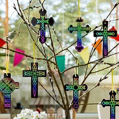 Chivao 80 Pcs Scratch Art Cross Ornaments Rainbow DIY Kit for Kids