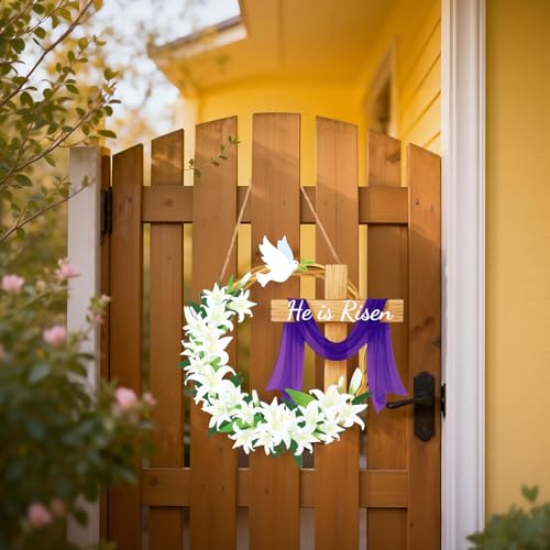 He is Risen Sign, Wooden Christian Wreath Hanging Sign with Cross and Lily Flowers Hanger Door Designs Funny Easter Decoration Supplies for Farmhouse Home Party Decor