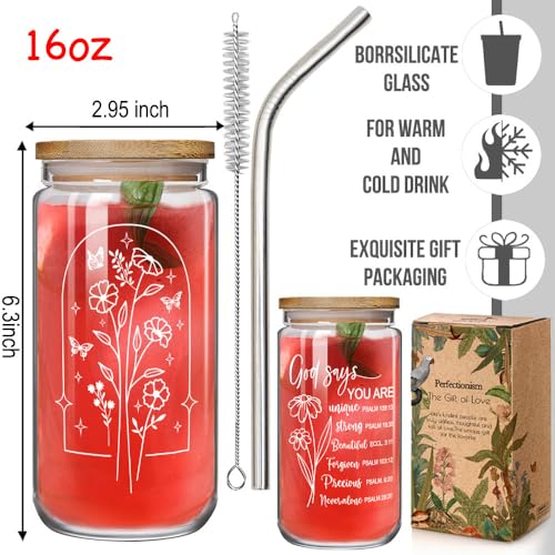 God Says You Are Glass with Bamboo Lid and Straw, Christian Bible Verse Floral Bible Verse Christmas Gift for Women, Inspirational Floral Christian Religious Gifts for Friend Bestie Mom Wife 16OZ
