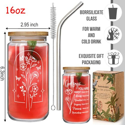 God Says You Are Glass with Bamboo Lid and Straw, Christian Bible Verse Floral Bible Verse Christmas Gift for Women, Inspirational Floral Christian Religious Gifts for Friend Bestie Mom Wife 16OZ