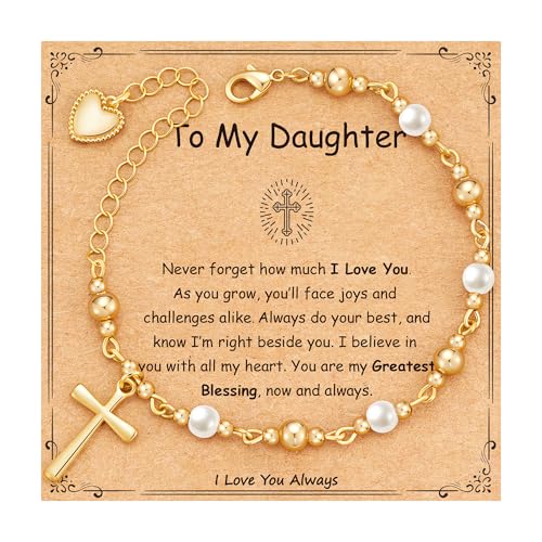 First Communion Confirmation Baptism Godmother Gifts for Teen Girls Women, Catholic Christian Cross Pearl Bracelet - color: Gold, size: ToMyDaughter
