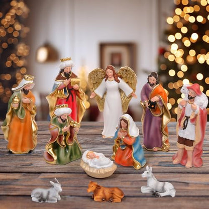 Cinnvoice 11 Pcs Christmas Nativity Gift Set Resin Nativity Scene Figurine Set 7 Holy Family Statue for Indoor Decoration Jesus Manger Sculpted Religious Gift for Xmas Family Home Tabletop