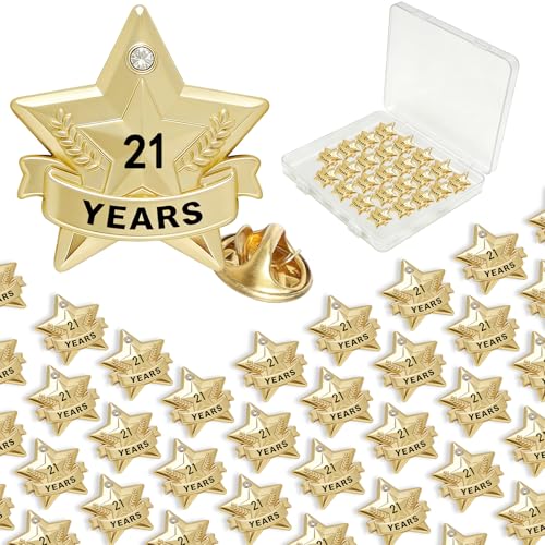 Years of Service Pins, Gold Star Pin for 1-30 Year Work Anniversary, Long Standing Employee Recognition Award Star Pins for Staff, Team & Volunteers - style: 21 Years