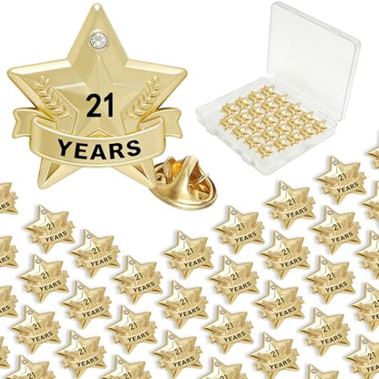 Years of Service Pins, Gold Star Pin for 1-30 Year Work Anniversary, Long Standing Employee Recognition Award Star Pins for Staff, Team & Volunteers - style: 21 Years