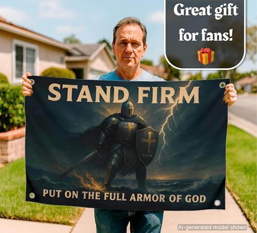 3x5 Feet Motivational Christian Flag Image Knight with Quote "Stand Firm – Put On the Full Armor of God" with 4 Brass Grommets - Single Sided Flag for Home Decor - Polyester Cool Tapestry for Bedroom